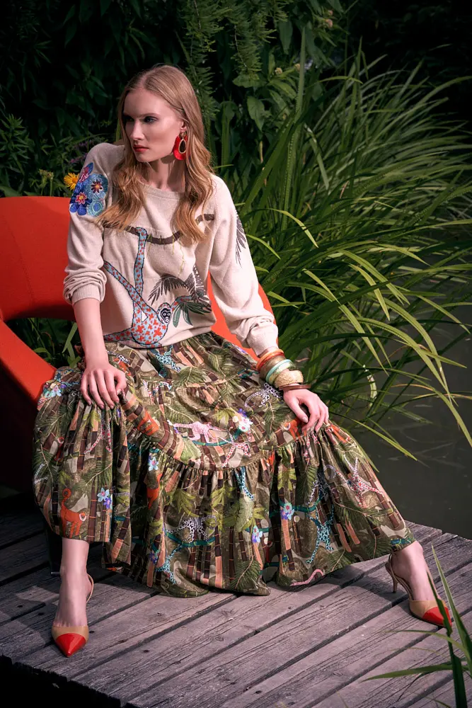 Maison Common jungle intarsia long sleeve pullover, jungle print long skirt. (Photo courtesy of Maison Common)

