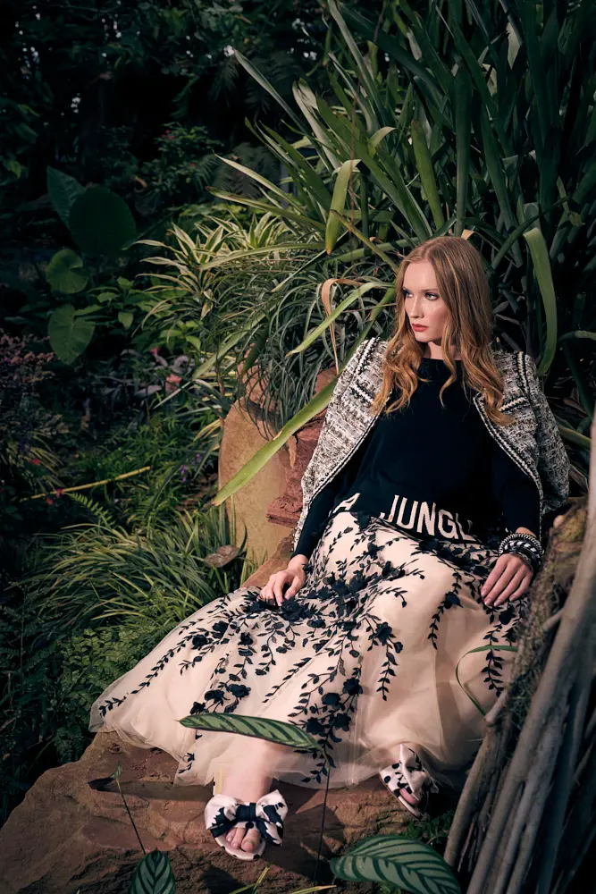 Maison Common lurex tweed jacket with grommet detail, "Life is a Jungle" intarsia pullover, tulle skirt with floral applique. (Photo courtesy of Maison Common)
