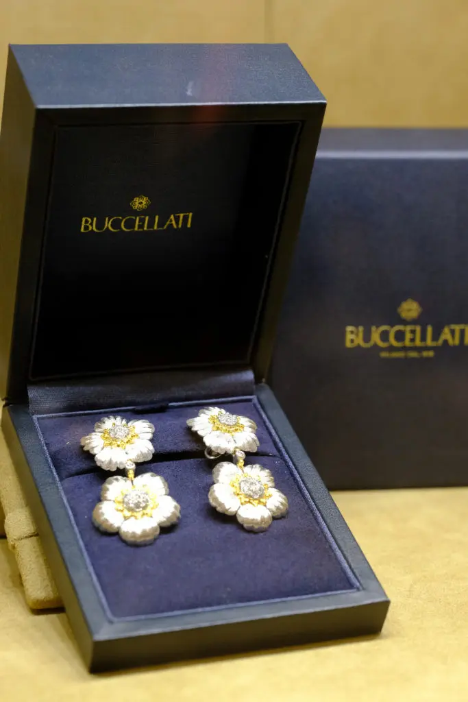 Buccellati 18-K white and yellow gold and diamond earrings, donated by Tenenbaum Jewelers to be auctioned at the Razzle Dazzle luncheon. (Photo by Daniel Ortiz)