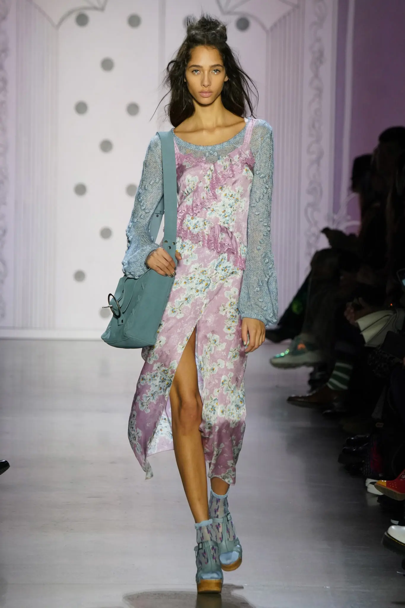 Anna Sui cornflower jacquard dress and bobble cable knit. (Photo by Thomas Lau courtesy of Anna Sui Design Studio)