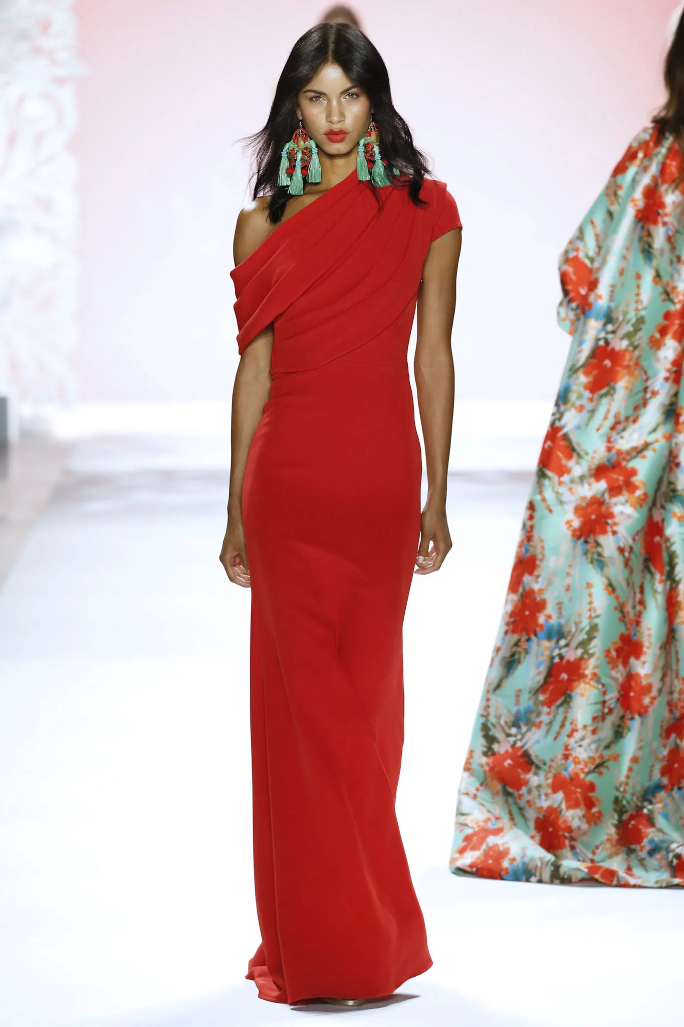 Badgley Mischka red off-the-shoulder gown. (Photo courtesy of Badgley Mischka)