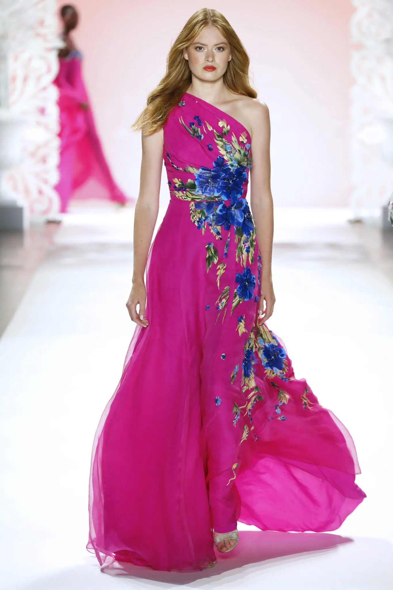 Badgley Mischka magenta off-the-shoulder embroidered gown. (Photo courtesy of Badgley Mischka)