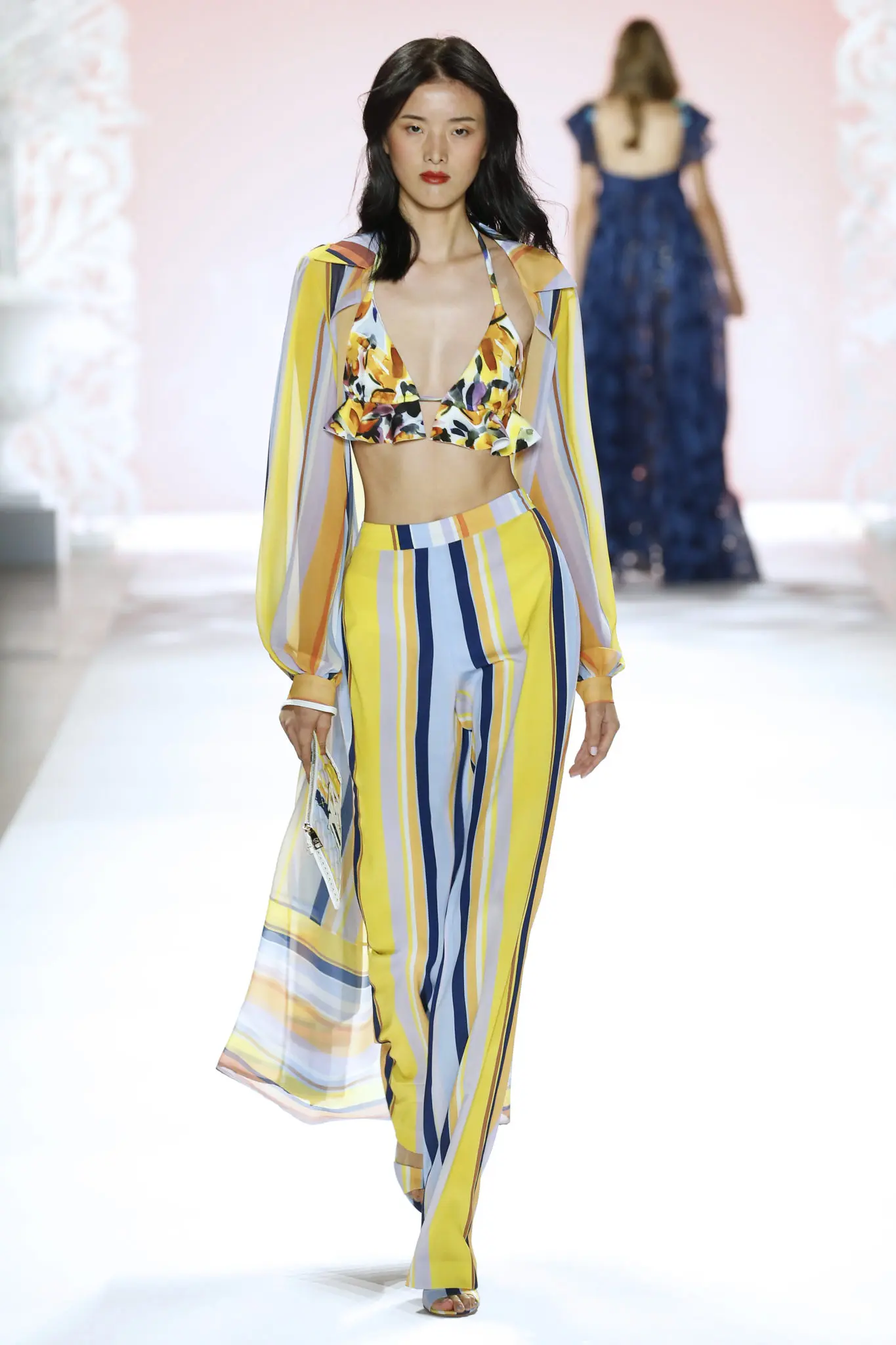 Badgley Mischka striped trousers, floral bralette. (Photo courtesy of Badgley Mischka)