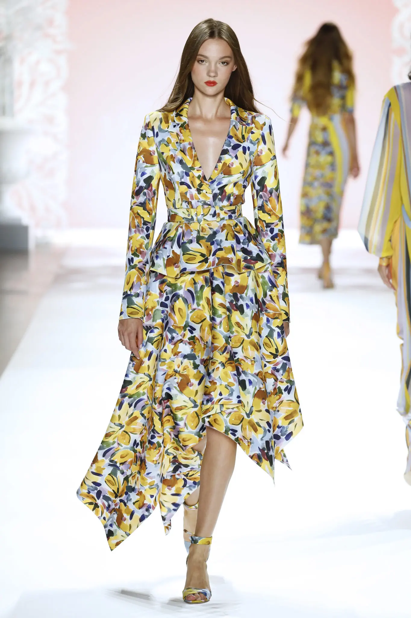 Badgley Mischka floral dress with handkerchief hem. (Photo courtesy of Badgley Mischka)