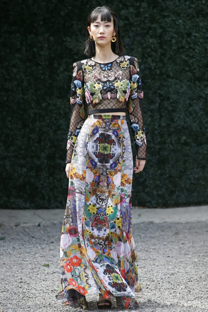 Burnett New York black lattice floral top with printed multi chiffon skirt. (Photo courtesy of Burnett New York)