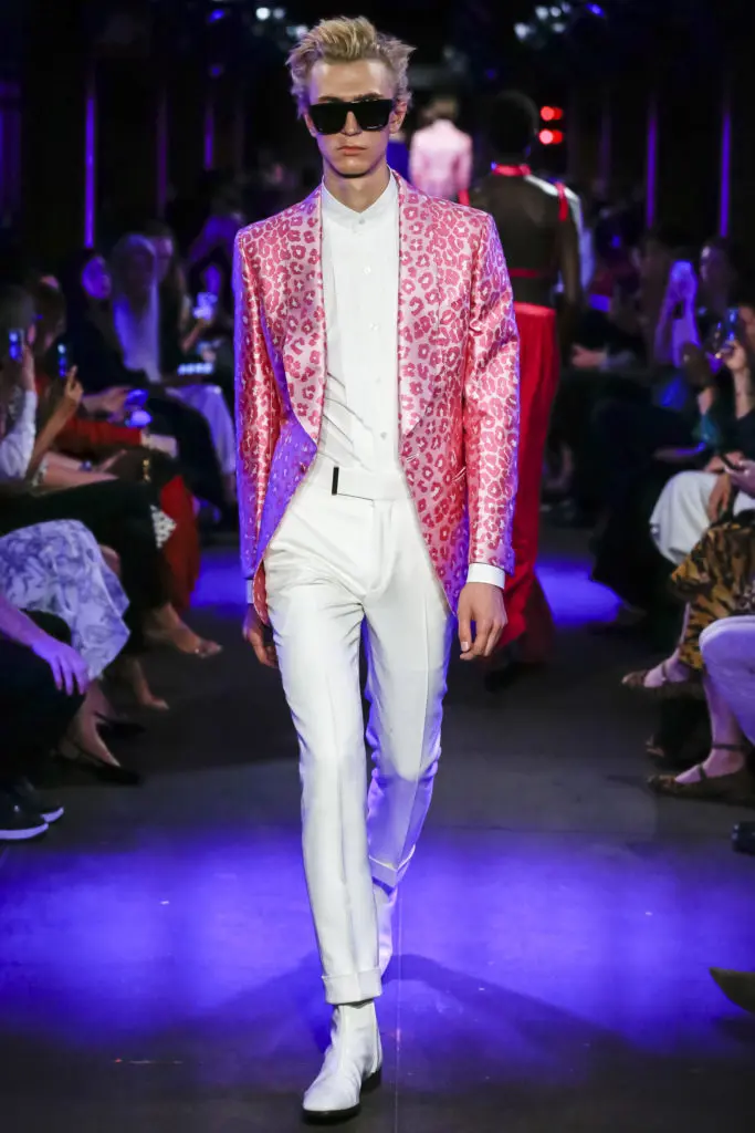 Tom Ford men's animal print tuxedo jacket, white collarless shirt, white slacks. (Photo courtesy of Tom Ford)