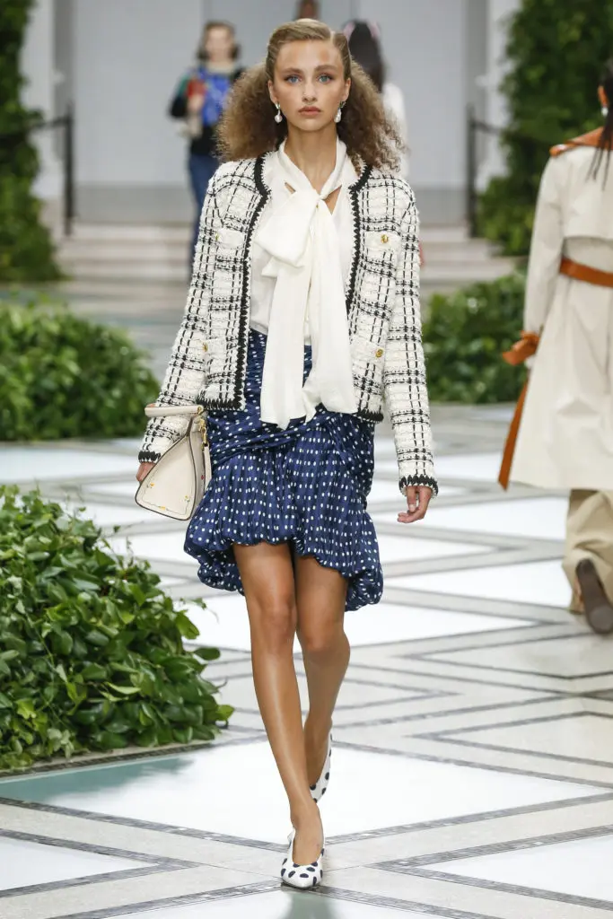 Tory Burch linen and tweed jacket, silk crepe de chine top, polka-dot print silk jacquard skirt. (Photo courtesy of Tory Burch)