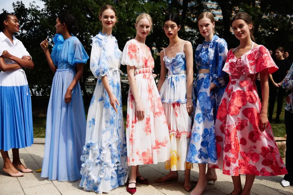 The Lela Rose spring 2020 collection includes tea-length dresses in floral patterns. (Photo by Taylor Jewell)