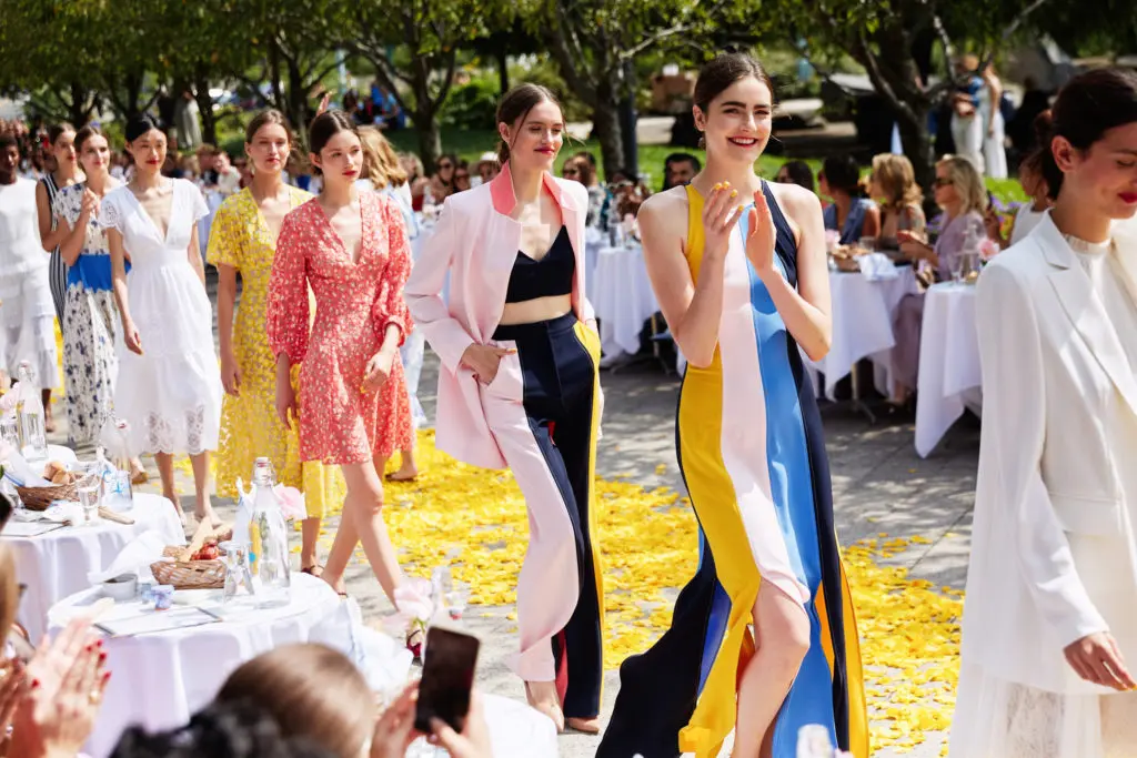 Among the Lela Rose runway looks were a gown and slacks in a crepe stripe pattern. (Photo by Taylor Jewell)