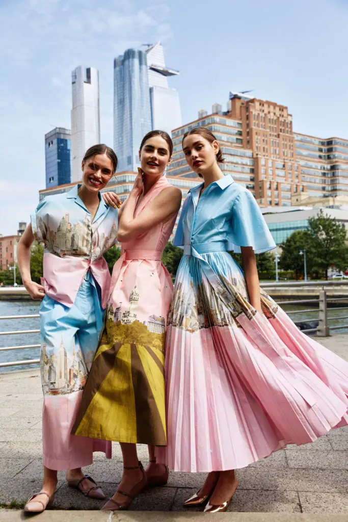 Images of the New York skyline from vintage picture postcards are emblazoned on several designs in the Lela Rose spring 2020 collection. (Photo by Taylor Jewell)