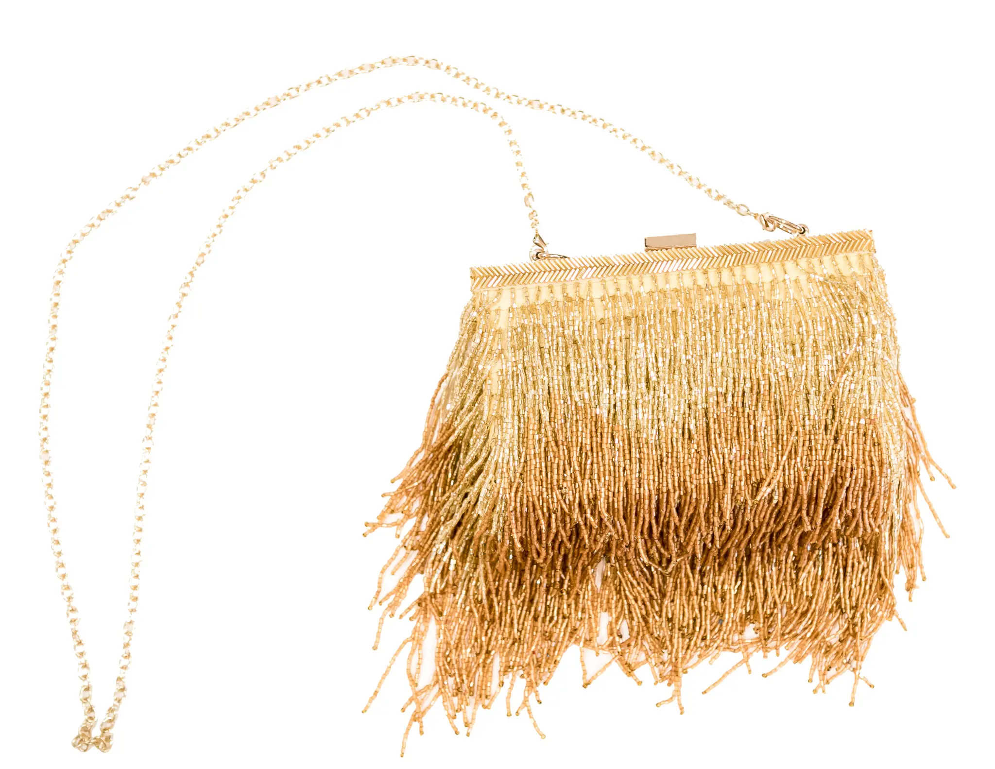 Peck's other Magic Flute bag offers a classic take on an evening bag, with layers upon layers of beaded gold trim.
