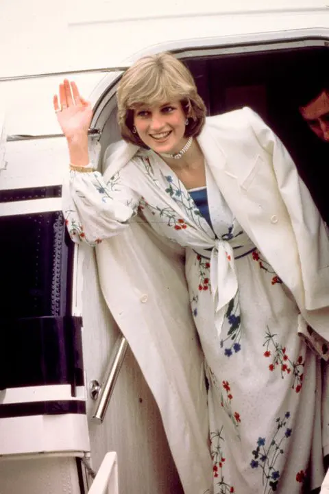 Princess Diana wore a floral wrap dress designed by Donald Campbell when leaving to go on her honeymoon in 1981. (PInterest)