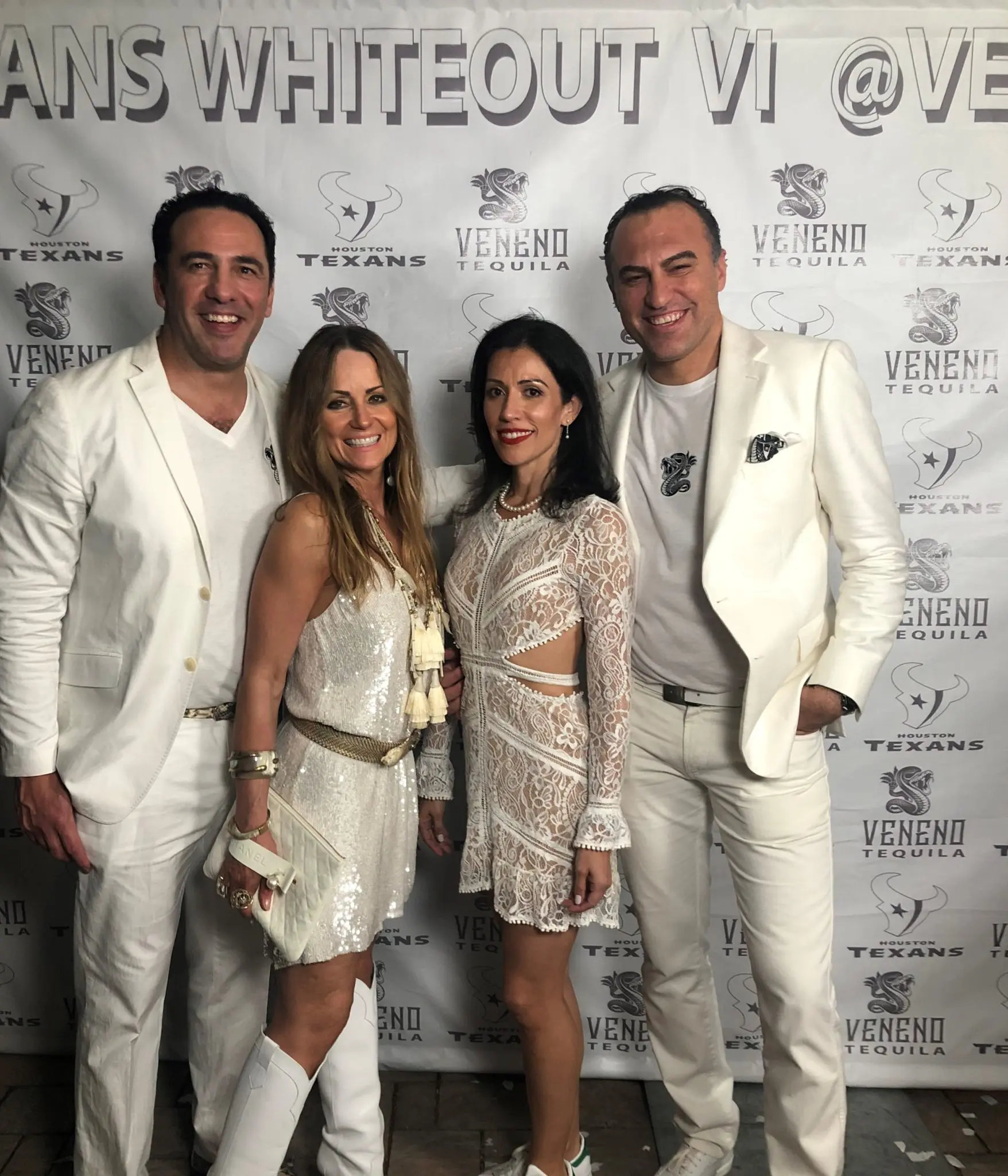 Javier & Lucinda Loya, Carmen & Kiki Dikman at their annual Houston Texans White Out party (David Duncan Photography for Veneno Tequila)