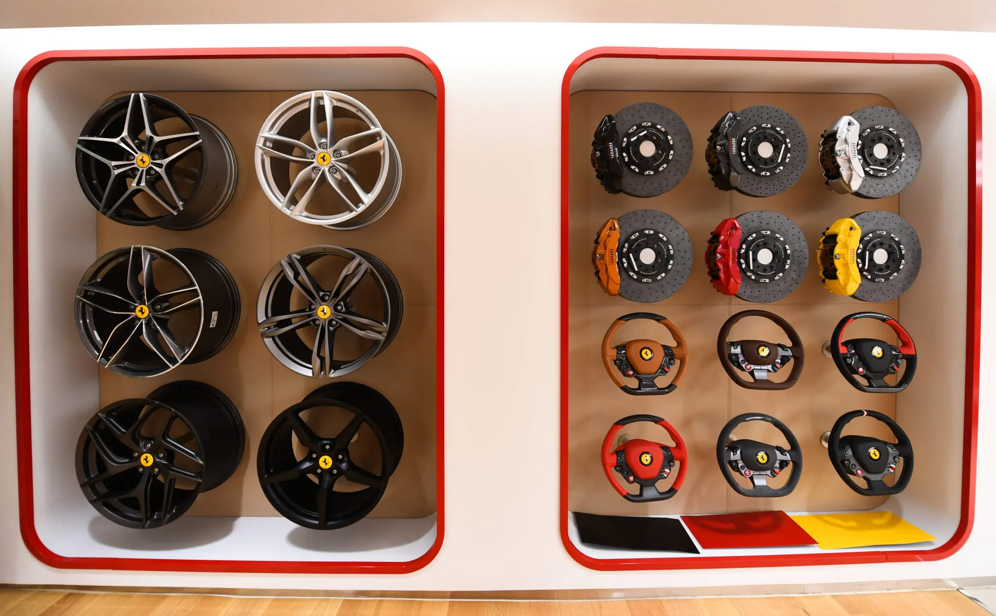 The selection of steering wheels and wheels for bespoke Ferraris is ample for even the most discriminating buyer. (Photo by Michelle Watson)