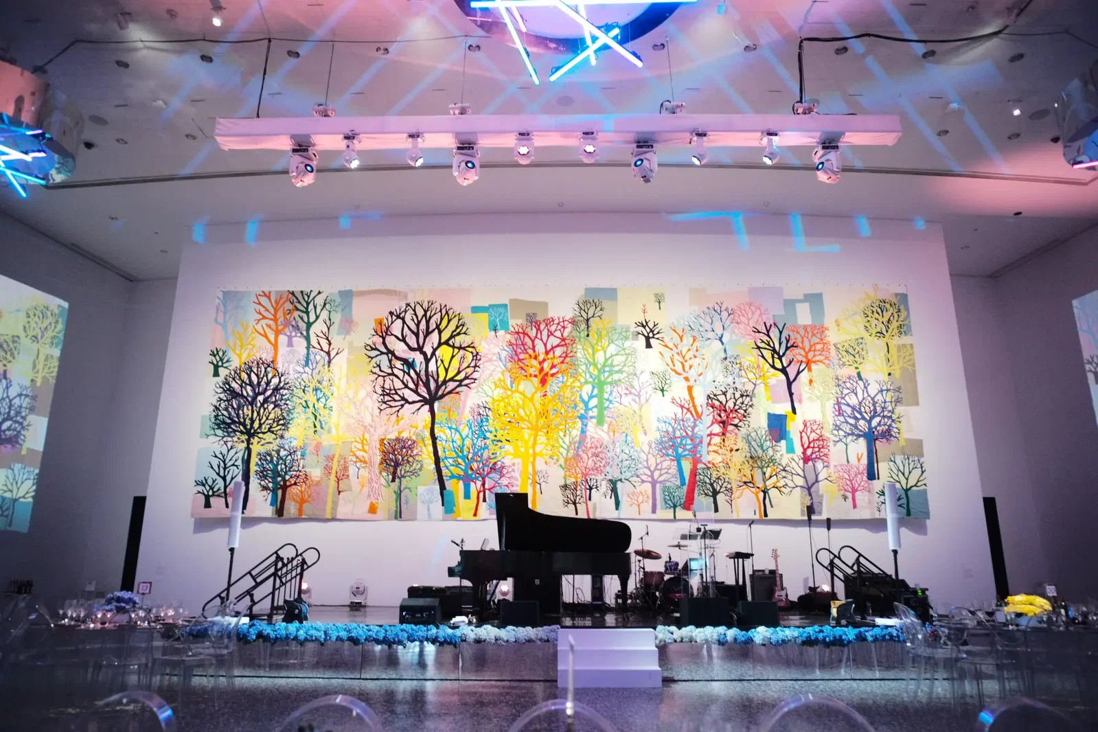 The 54 foot long mural by Trenton Doyle Hancock set the stage for the modern-themed soirée. (Photo by Daniel Ortiz)