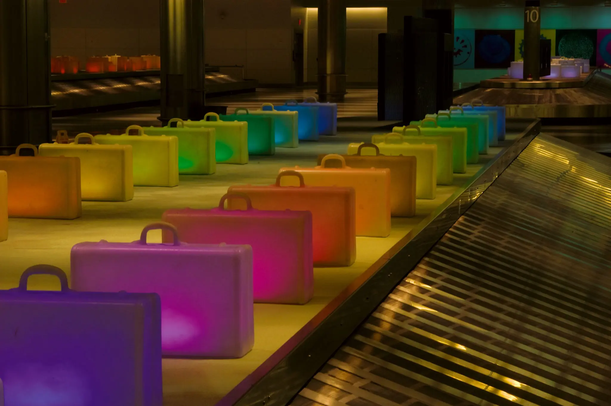 The Art Guys' "Travel Light," 2004, features 360 illuminated suitcases, commissioned for Bush Intercontinental Airport. (Courtesy The Art Guys) 