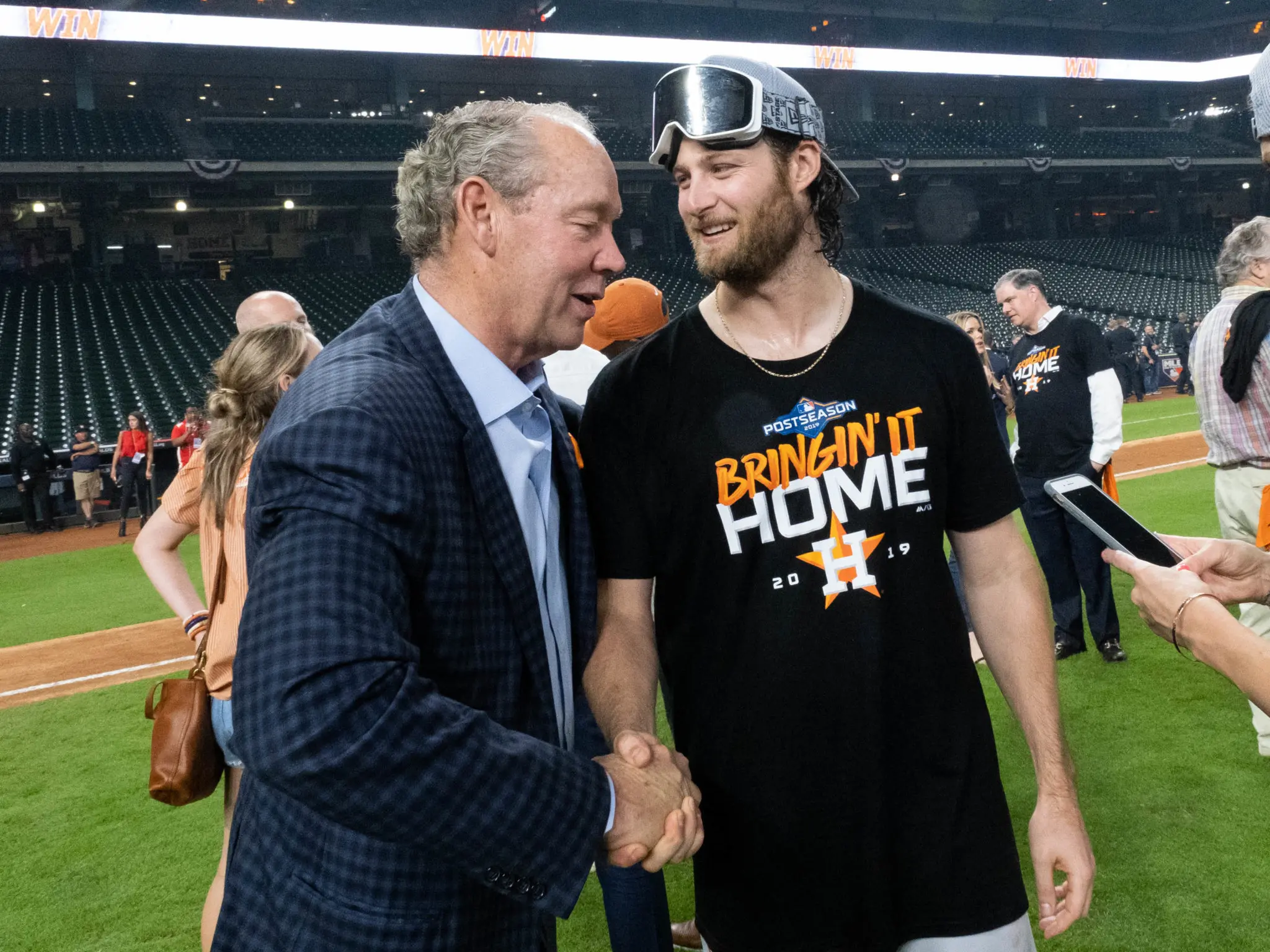 Astros owner Jim Crane and Gerrit Cole shared a moment after another dominant gem from the free agent to be. (Photo by F. Carter Smith)