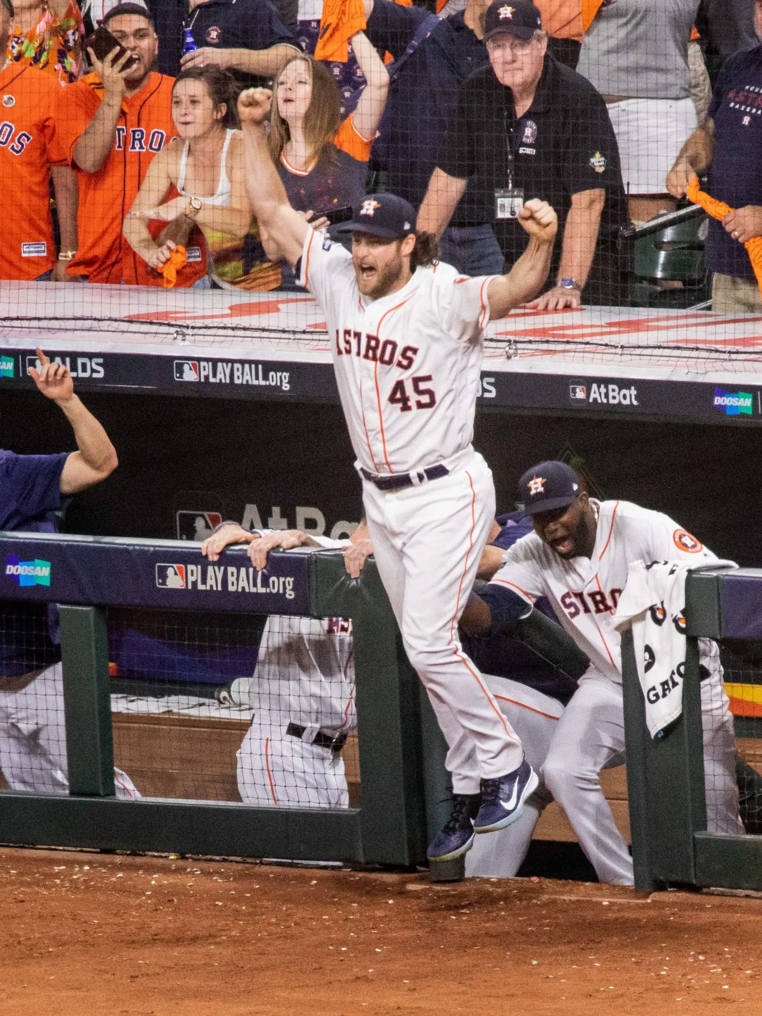 Gerrit Cole came bouncing out of the dugout at the final out of the Astros' ALDS series win in 2019. (Photo by F. Carter Smith)