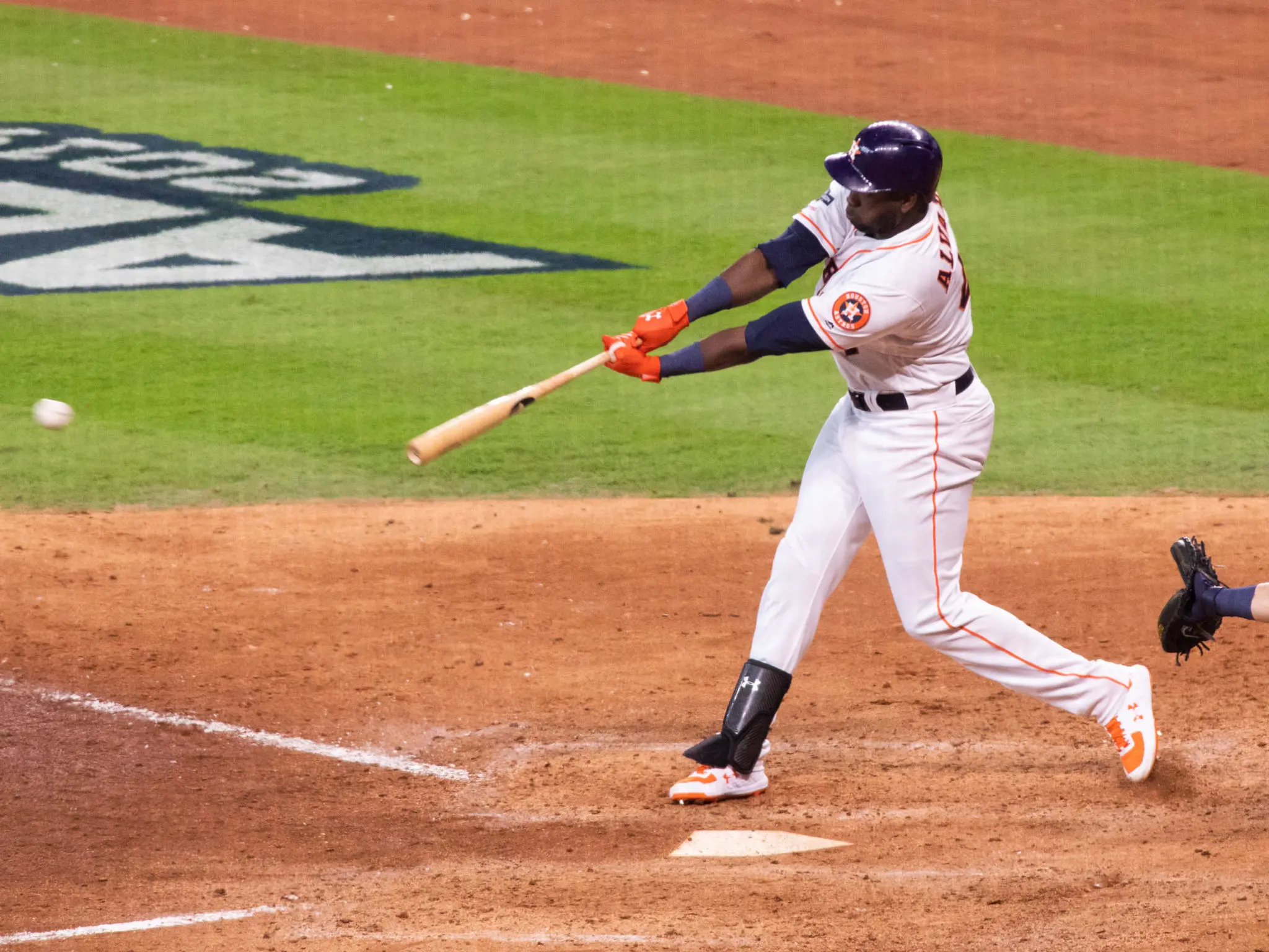 Astros rookie Yordan Alvarez reached out for his first career playoff hit. (Photo by F. Carter Smith)