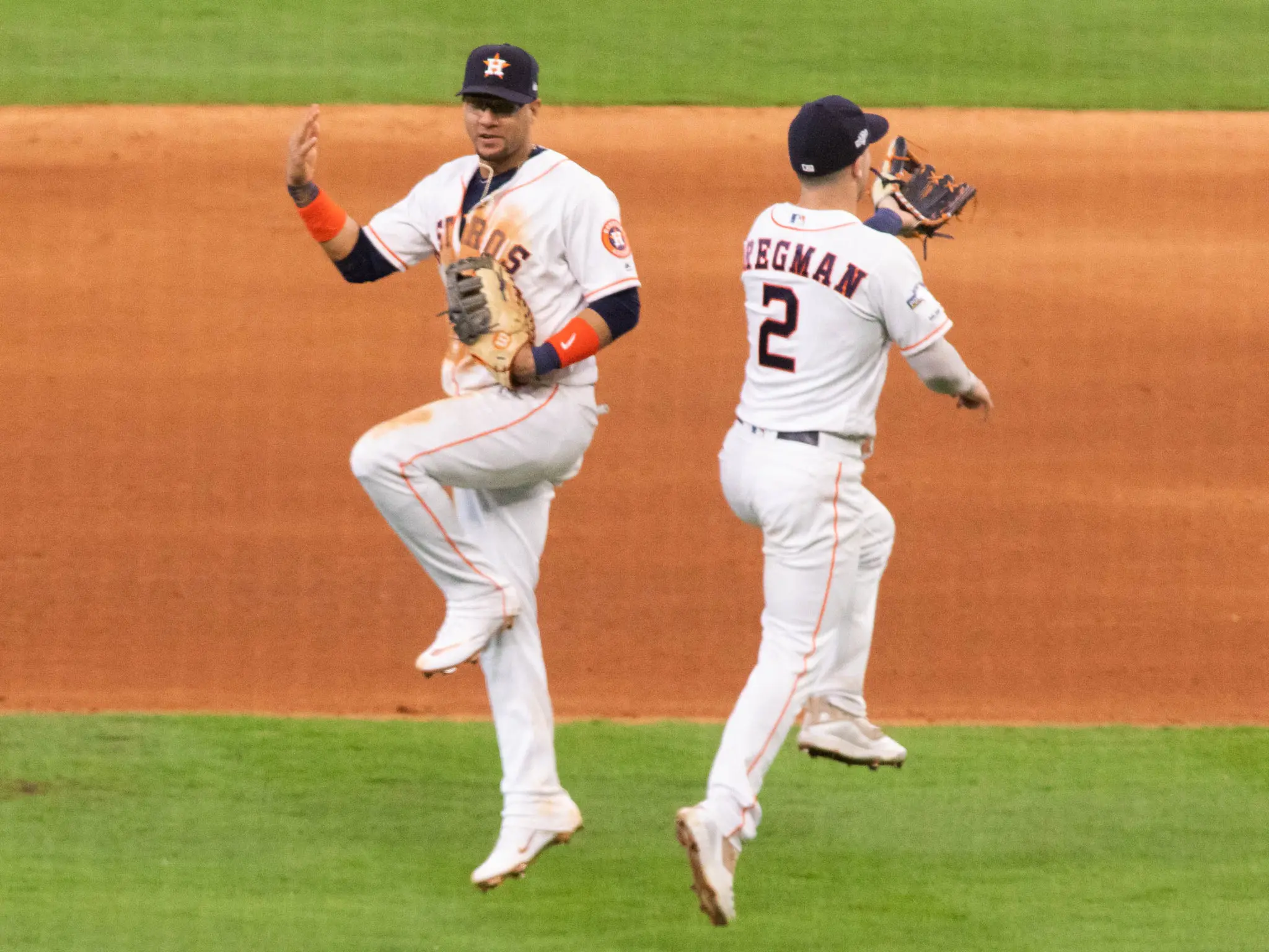 Yuli Gurriel and Alex Bregman know how to celebrate, Astros style. (Photo by F. Carter Smith)