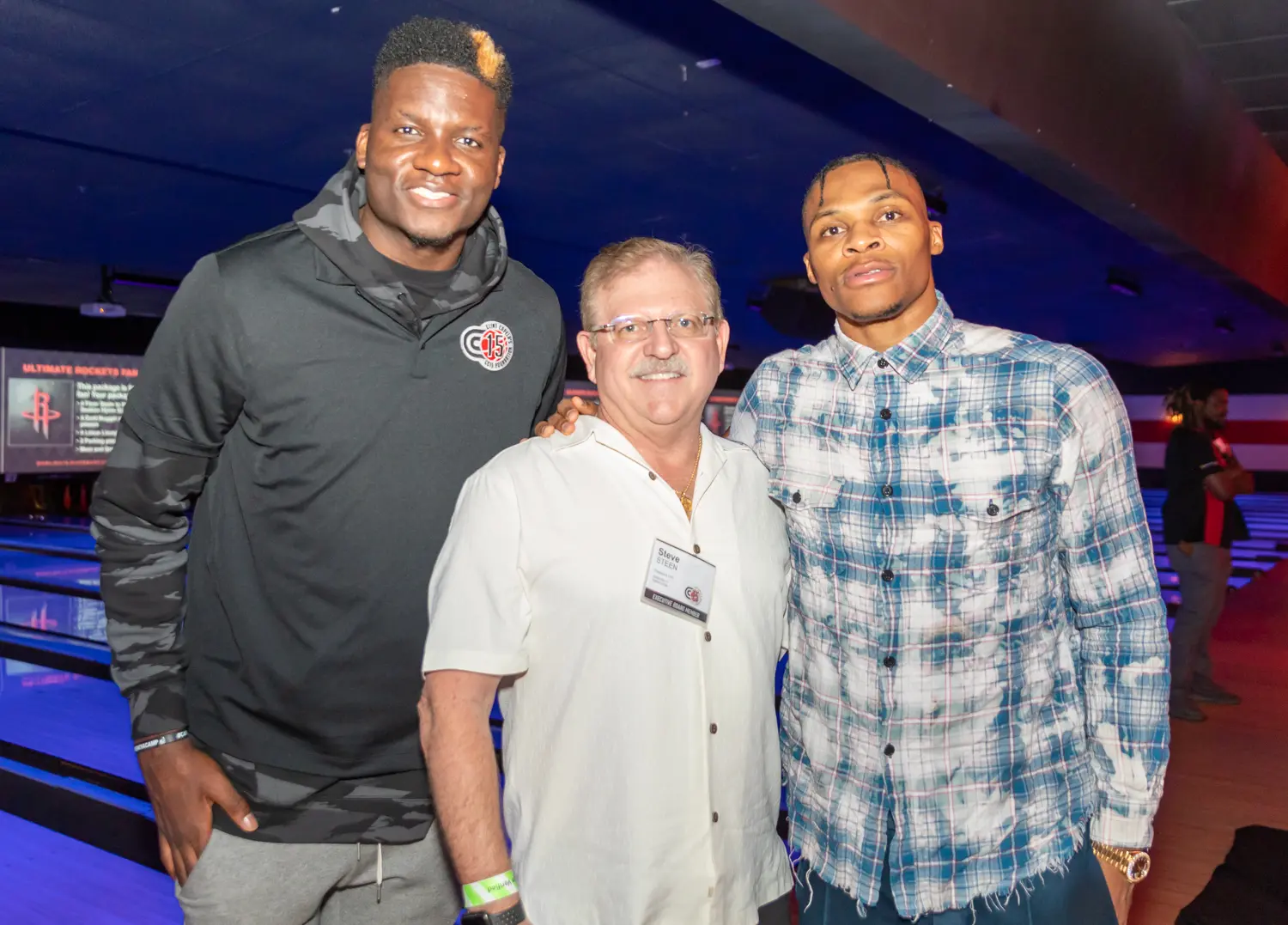 Clint Capela, Steve Steen, Russell Westbrook (Photo by Lee Beckman)