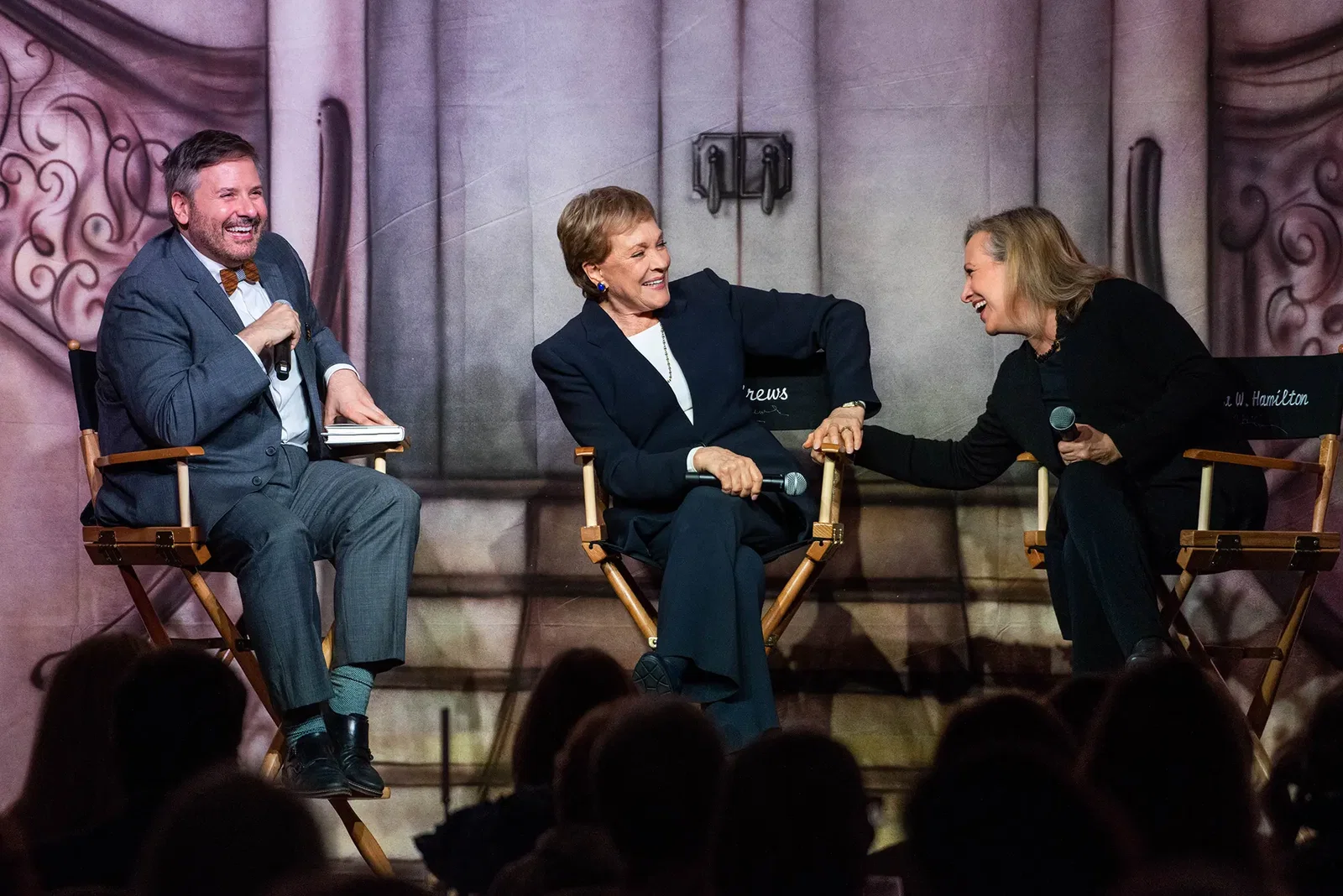 Ernie Manouse, Julie Andrews, Emma Walton Hamilton on stage at The Post Oak Hotel for the Barbara Bush Houston Literacy Foundation luncheon (Photo by Michelle Watson)
