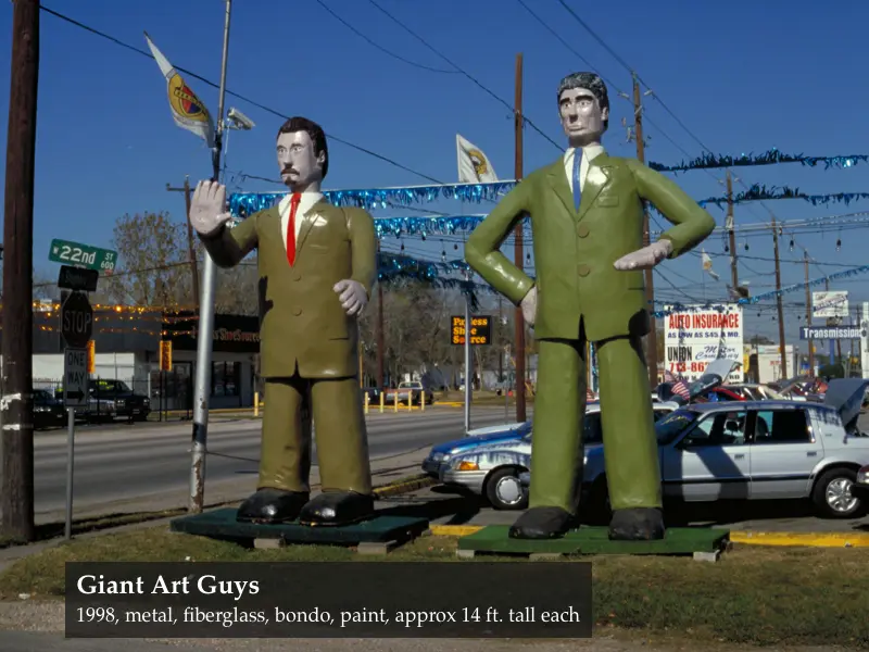 This roadside attraction by The Art Guys can be enjoyed by motorists along N. Shepherd by 22nd Street. It stands near the site of their former Heights studio, the center of the Houston art world for during the 1990s and early 2000s. (Courtesy The Art Guys)