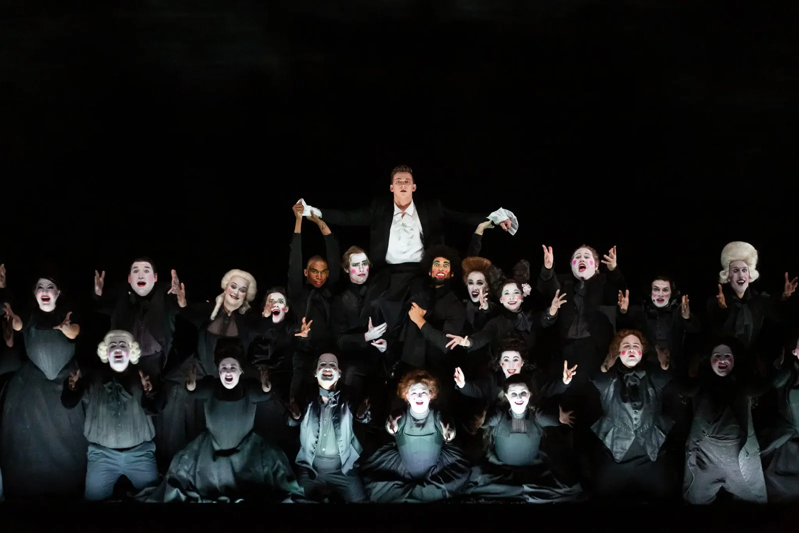 With help from the HGO chorus and dancers, David (Aryeh Nussbaum Cohen)
ascends. (Photo by Lynn Lane)