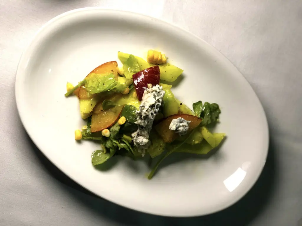 Second course: Cucumber, Plum and Cabrales Salad (Photo by Shannon Smith)