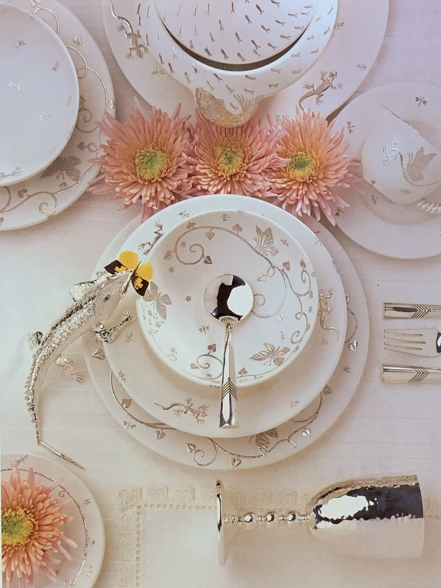Tabletop setting at Brenda Schoenfeld, with Emilia Castillo silver accessories.