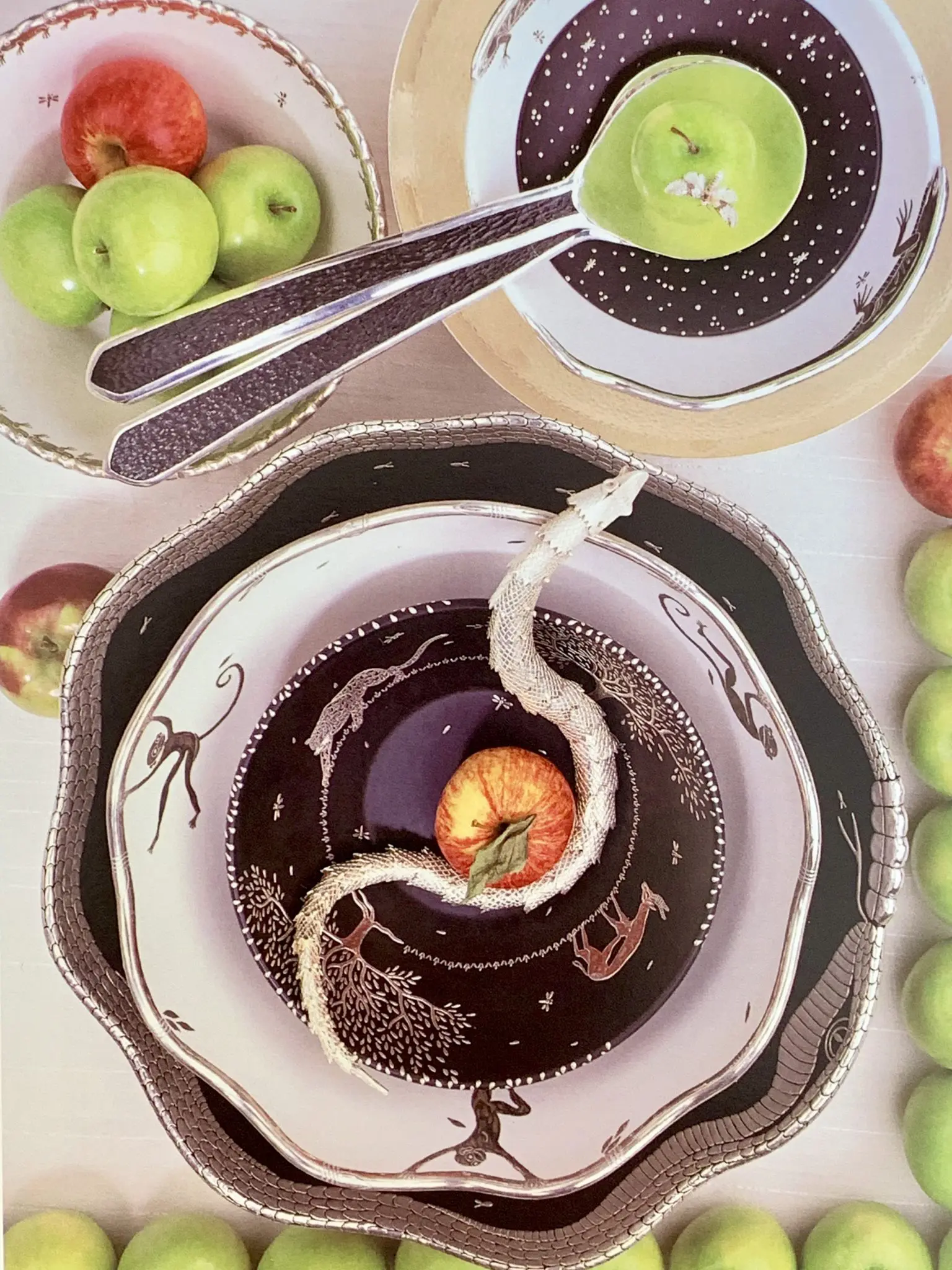 Tabletop setting at Brenda Schoenfeld, with Emilia Castillo silver accessories.
