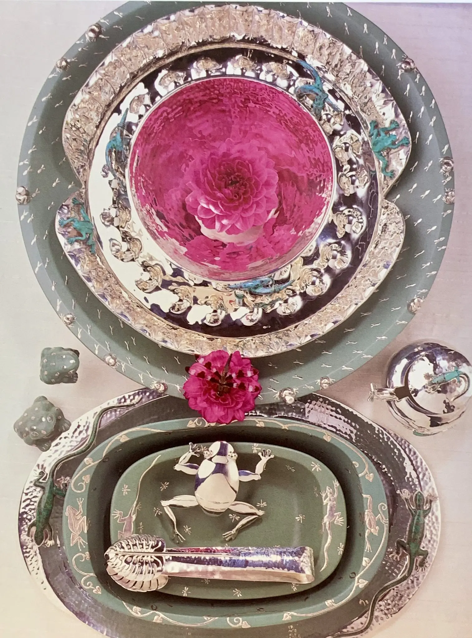 Tabletop setting at Brenda Schoenfeld, with Emilia Castillo silver accessories.