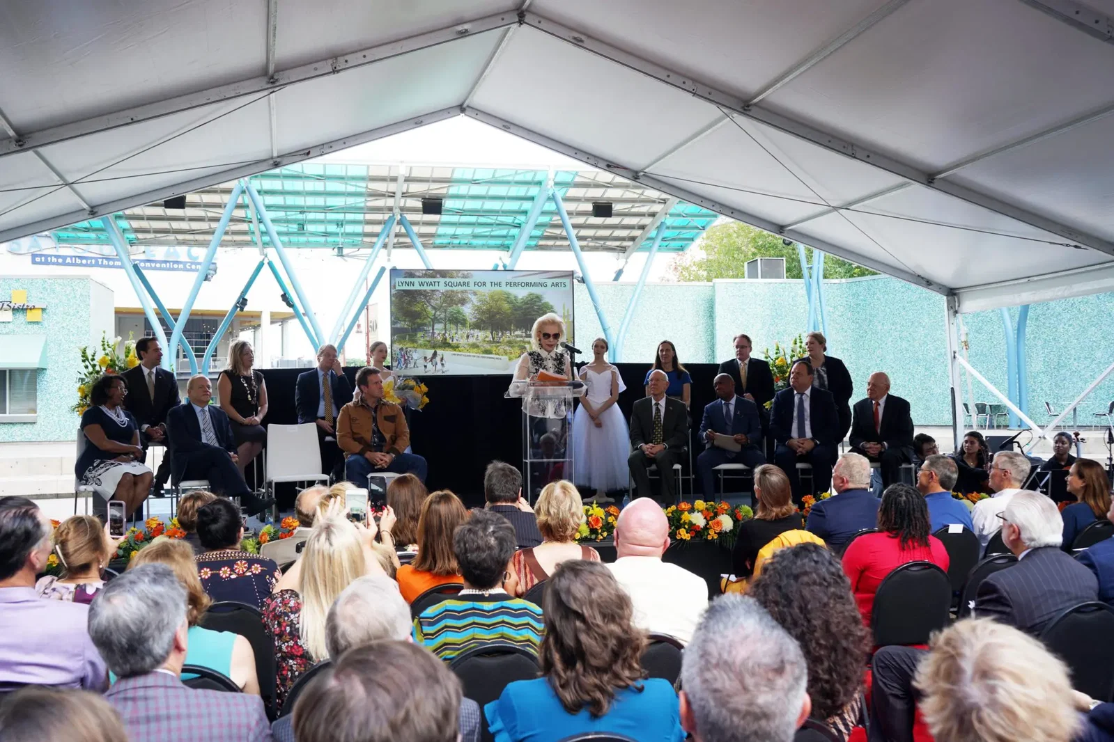 More than 150 VIPs turned out for the party announcing naming of the Lynn Wyatt Plaza for the Performing Arts (Photo by Shane Hughes, Houston First)