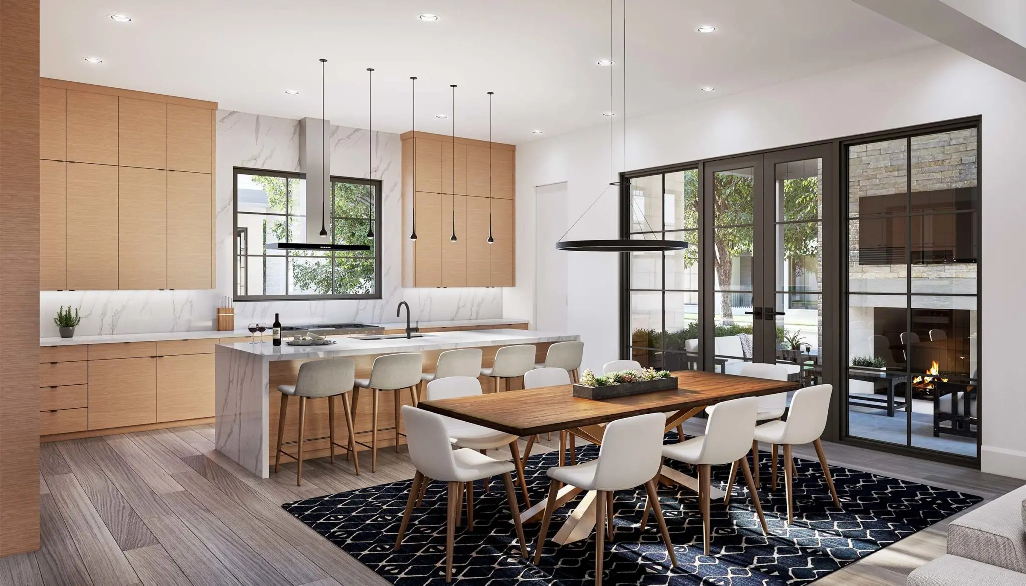 Tall, elegant windows stream natural light into open, airy spaces. 