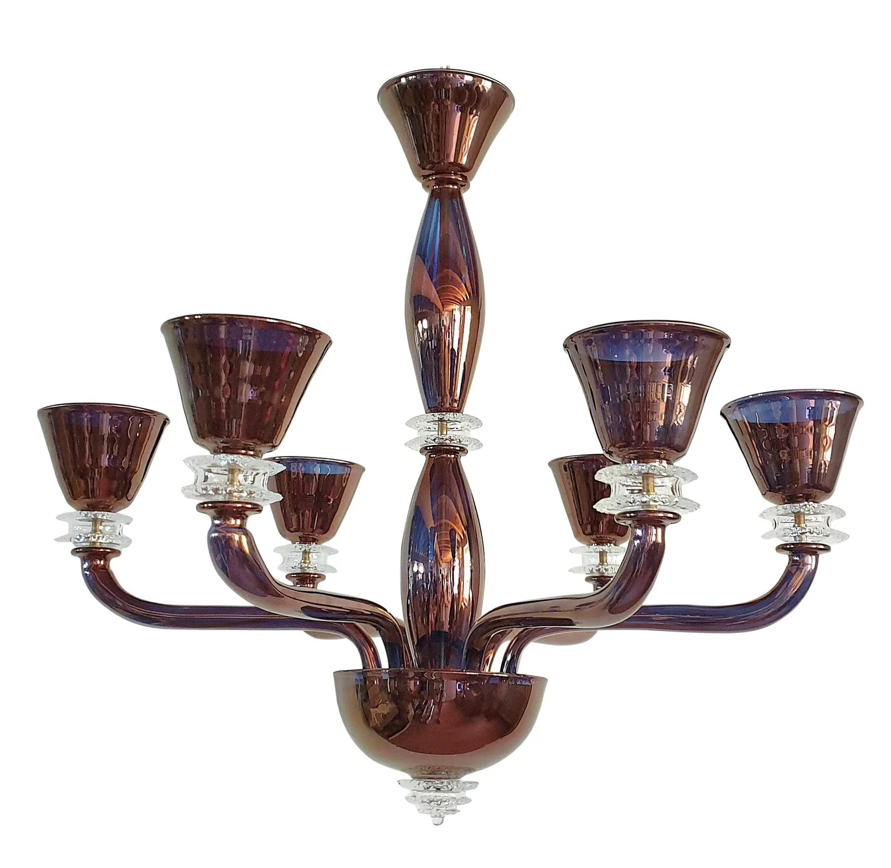 Large 6 lights Murano glass chandelier, Mid Century Modern, Italy, circa 1970s.
Very unique  & elegant bronze color mirrored Murano glass: through the light, you can see some transparency, and color changing to blue.
Some clear glass accents, and brass mounts.
The chandelier has been rewired for the US.
It has a double canopy, with a brass chain: making height adjustable.
Height of chandelier without chain: 27.16 in. 
Excellent condition

Large Mid-Century Modern Bronze Color Mirrored Murano Glass 6 Lights Chandelier