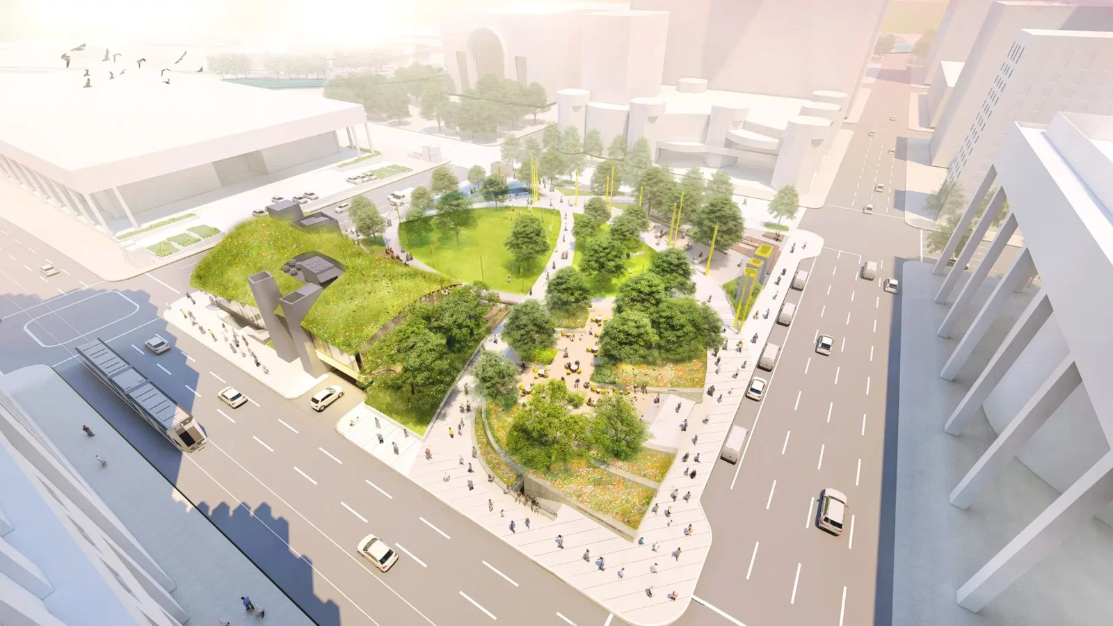 An aerial view of the Lynn Wyatt Square for the Performing Arts