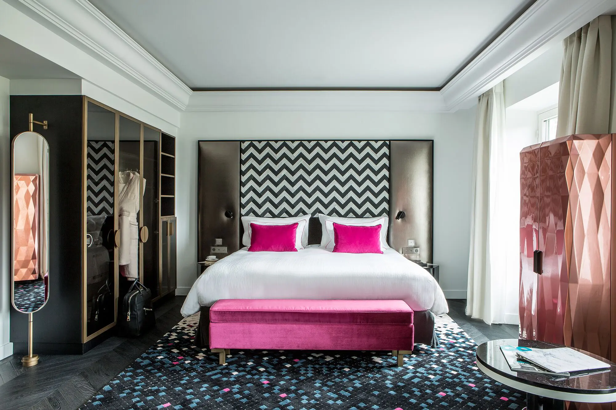 Hot pink accents are inspired by the brand's classic chocolate boxes. 