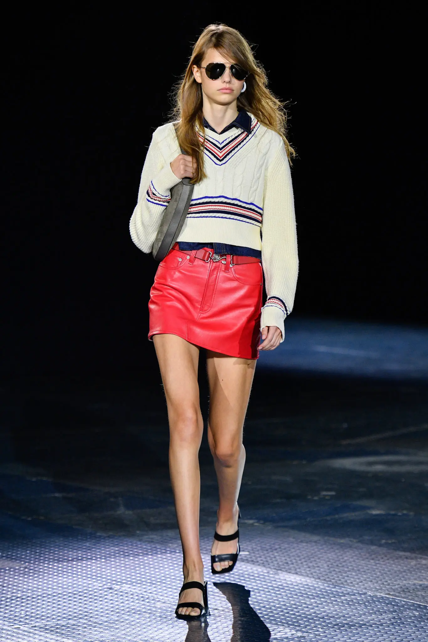 Rag & Bone true red itty bitty miniskirt, ivory Cricket vee, rinse all-in-one dress, black Colt sandal, rouge swinger snake belt. (Photo courtesy of Rag & Bone)