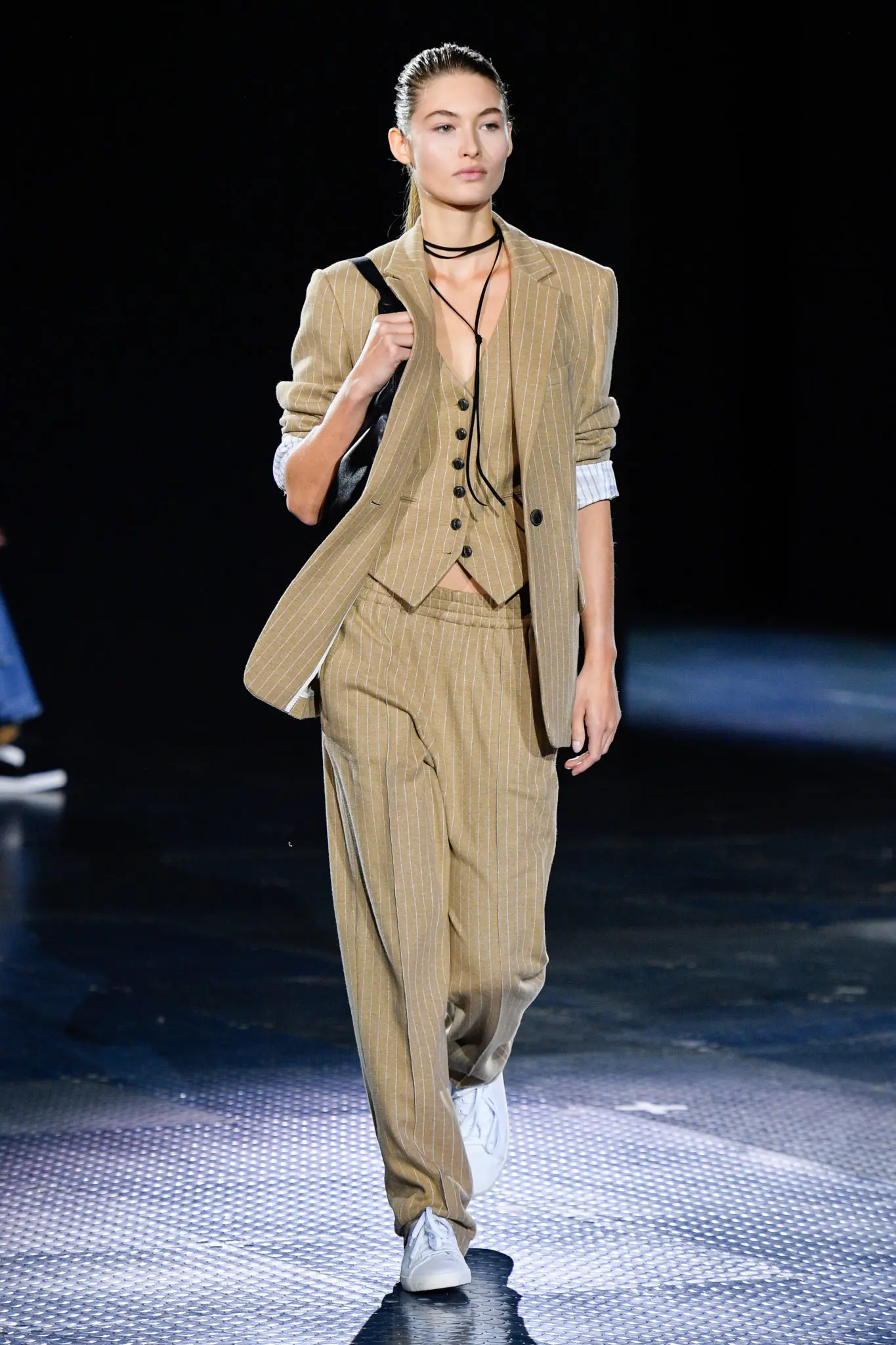Rag & Bone camel pinstripe Ames blazer, Rylie pant, Vanessa Vest. (Photo courtesy of Rag & Bone)