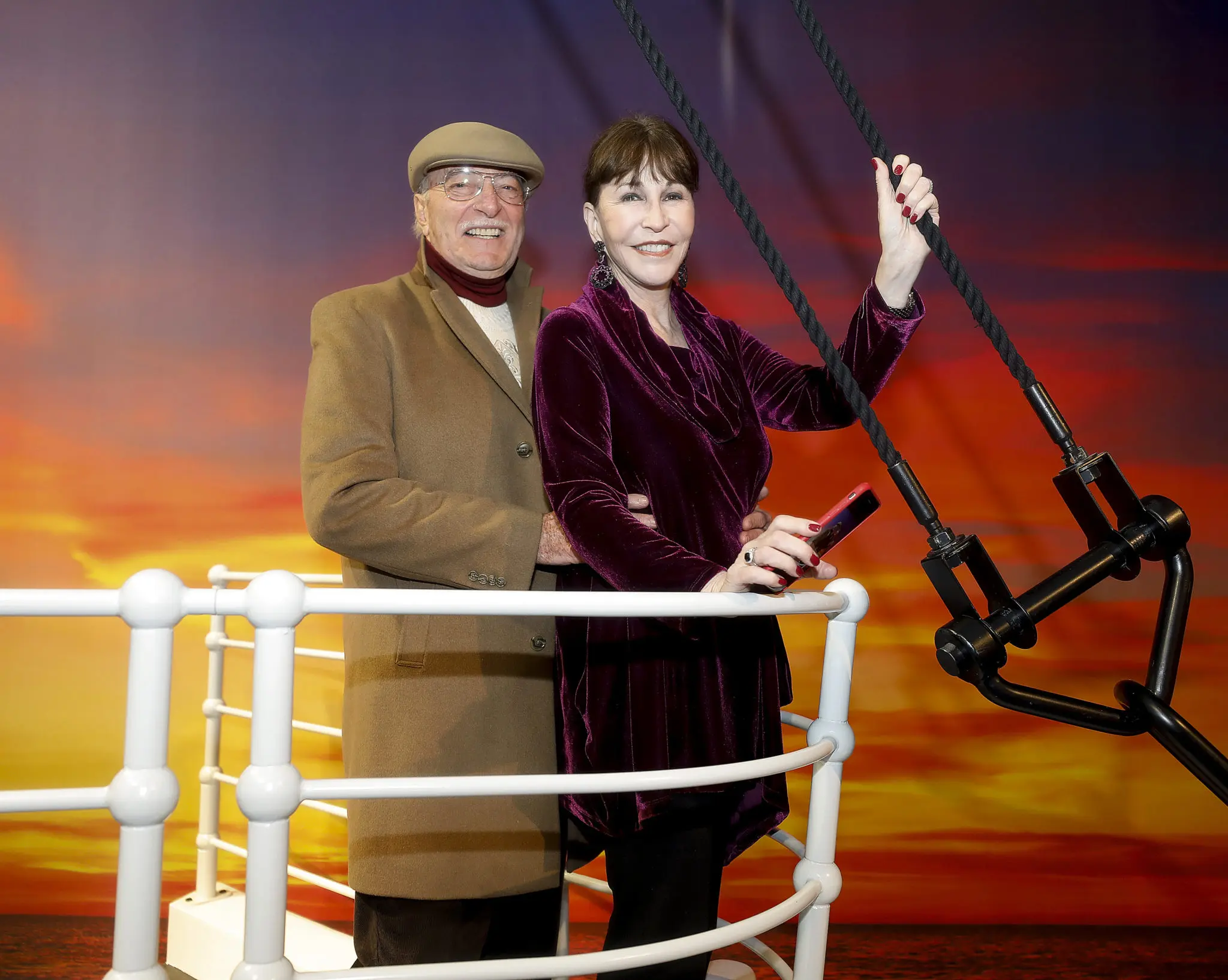 Shafik Rifaat & Shelby Hodge on the bow of the Titantic. (Photo by Bob Levey/Getty Images for Movietopia)