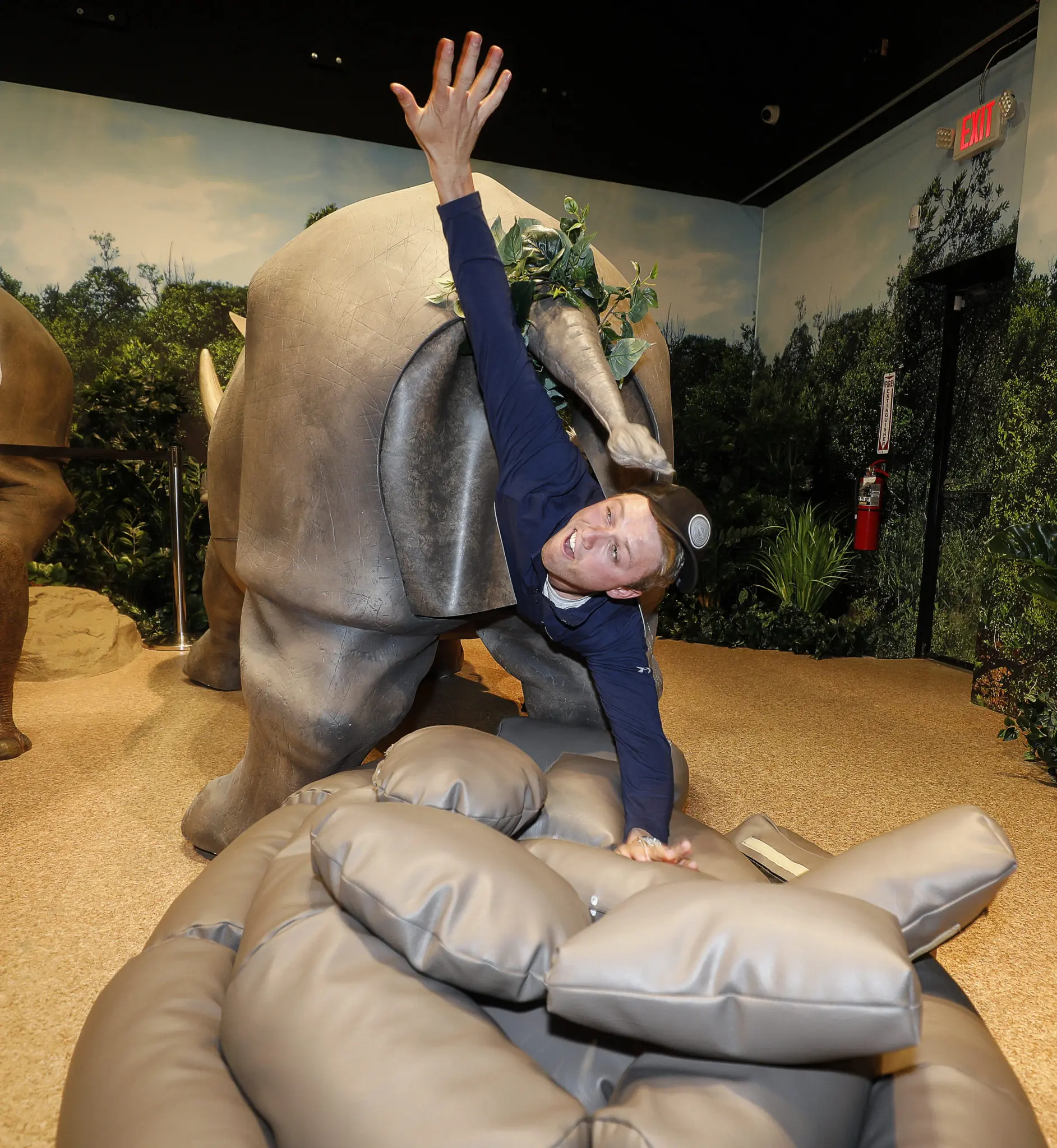  Kody Clemens emerges from the rhino's arse à la Ace Ventura. (Photo by Bob Levey/Getty Images for Movietopia)