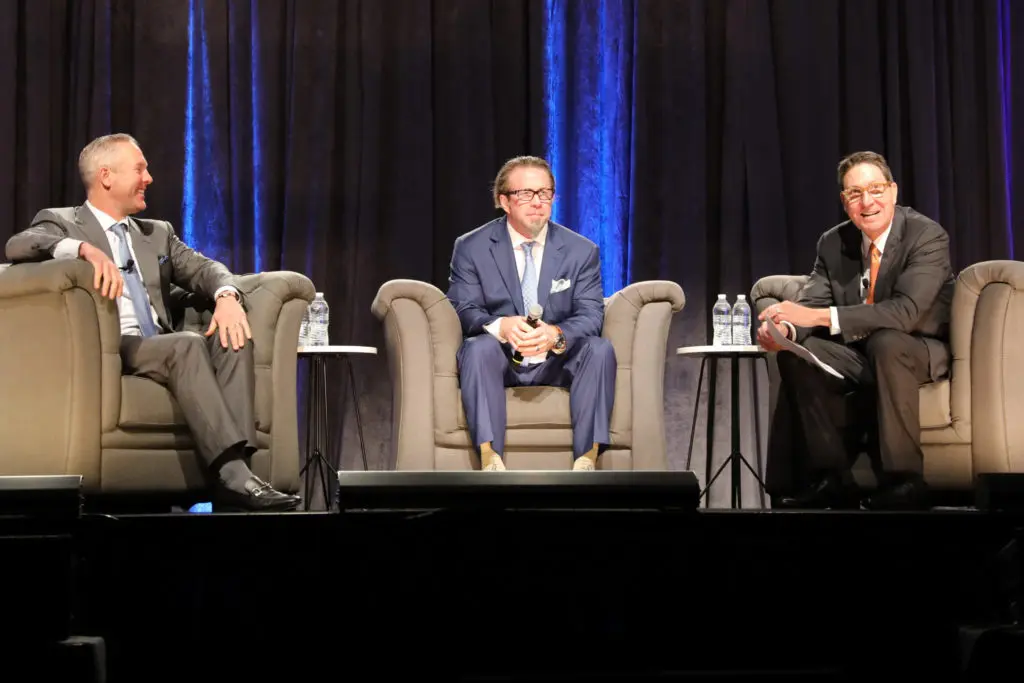 Houston Astros Reid Ryan, MLB Hall of Famer Jeff Bagwell and H-E-B president Scott McClelland take the stage at Holocaust Museum Houston's Guardian of the Human Spirit Award luncheon honoring the Astros. (Photo by Priscilla Dickson)