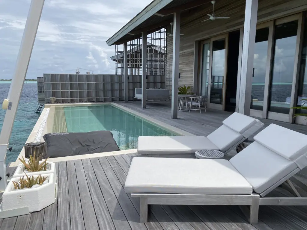 All rooms at Kudadoo feature lap pools and multiple seating areas
