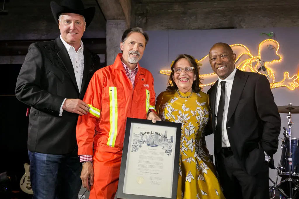 Bob Schultz, Jack Massing, Marilyn Oshman, Mayor Sylvester Turner at Orange Show Gala 2019 (Photo by Emily Jaschke)