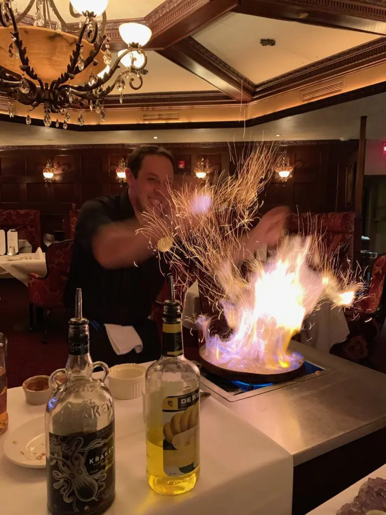 One of the table-side server magician at the Crystal Bay Steak and Lobster House conjures up Bananas Foster and Rat Pack tales. (Photo by Tarra Gaines)