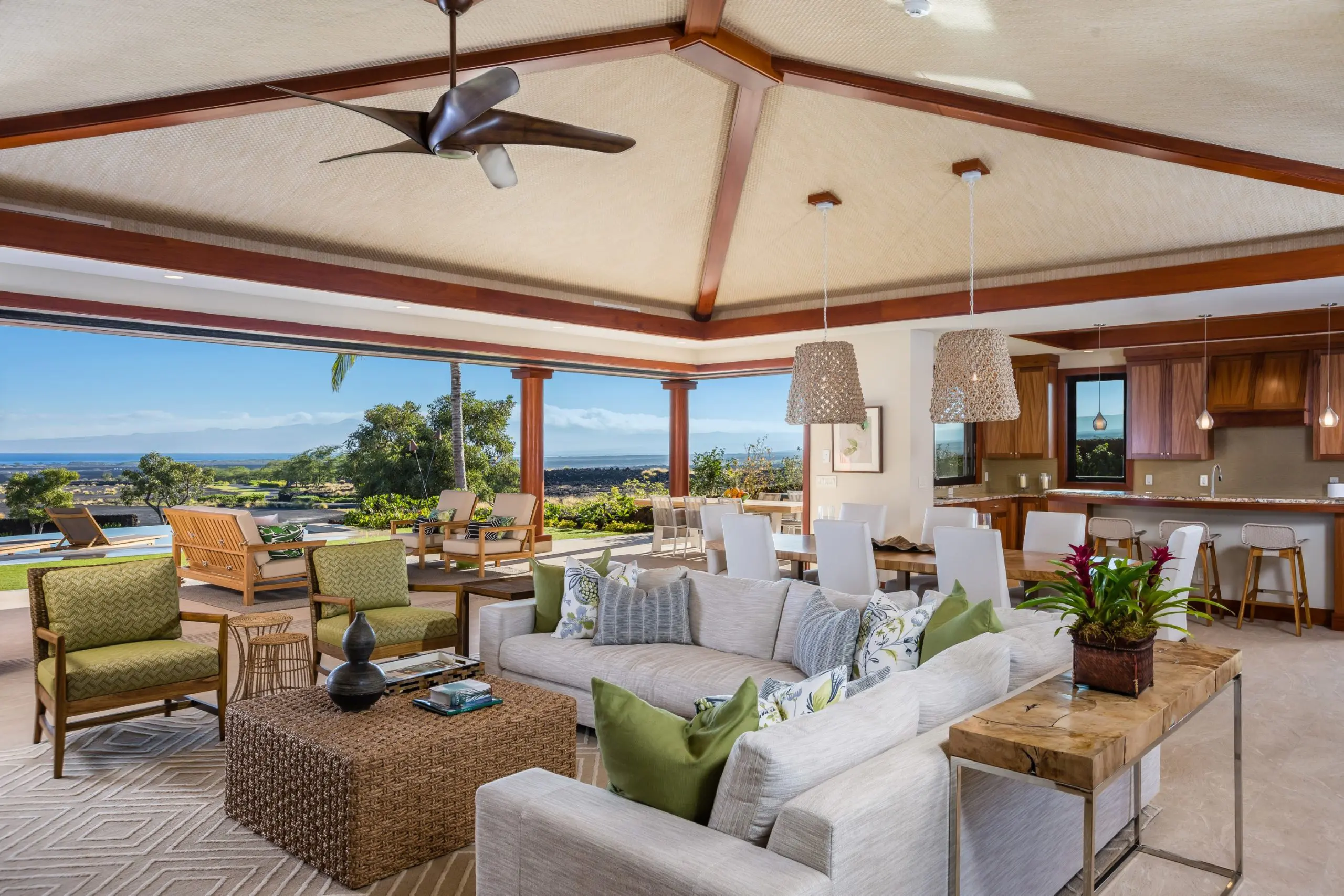 The custom villas and homes available in the quaint resort neighborhoods all boast expansive outdoor and indoor living spaces. (Photo by Hualalai Resort)