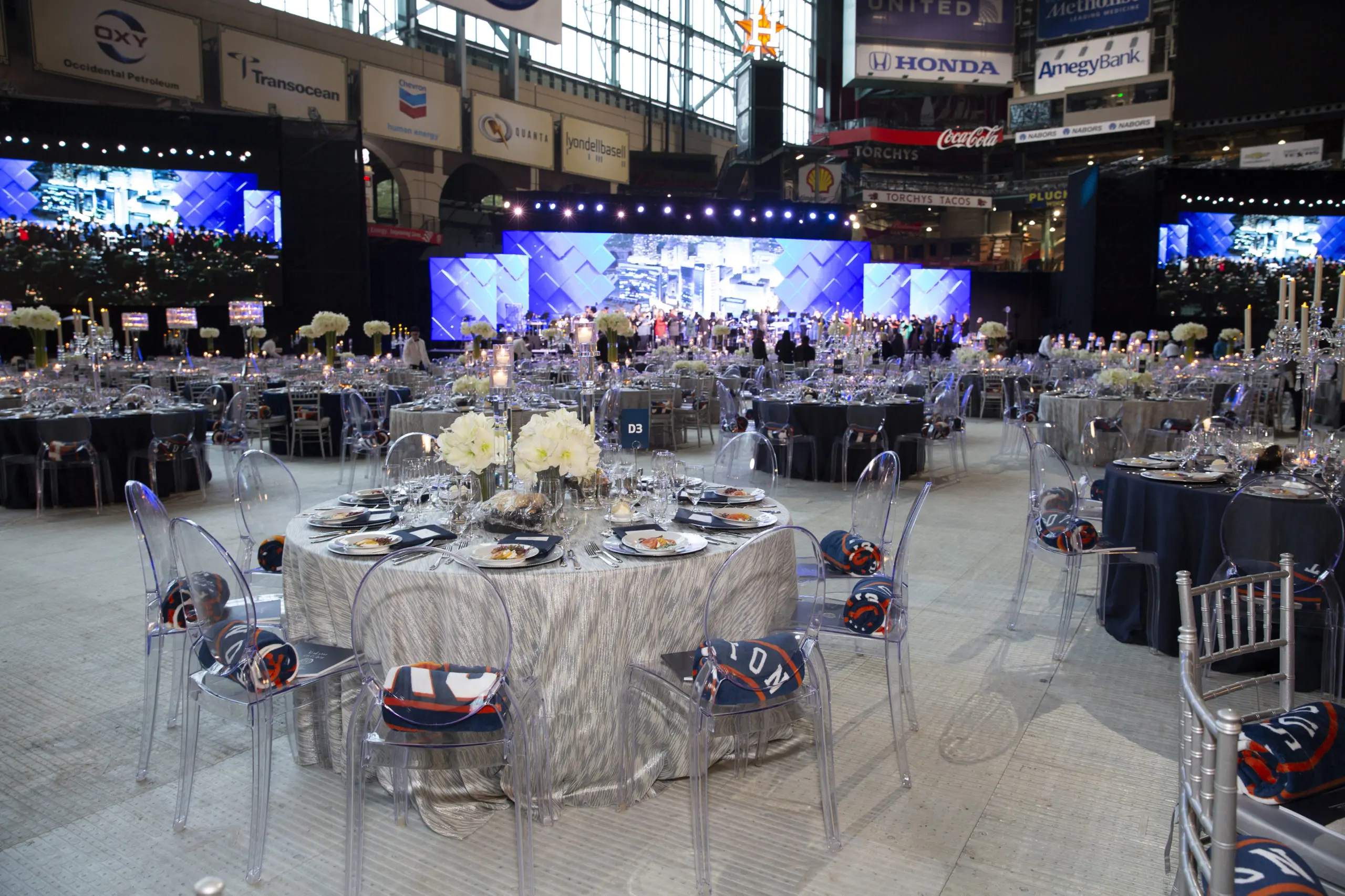 Since Minute Maid Park is not heated, a Houston Astros blanket was placed on each chair so gala goers could stay warm.