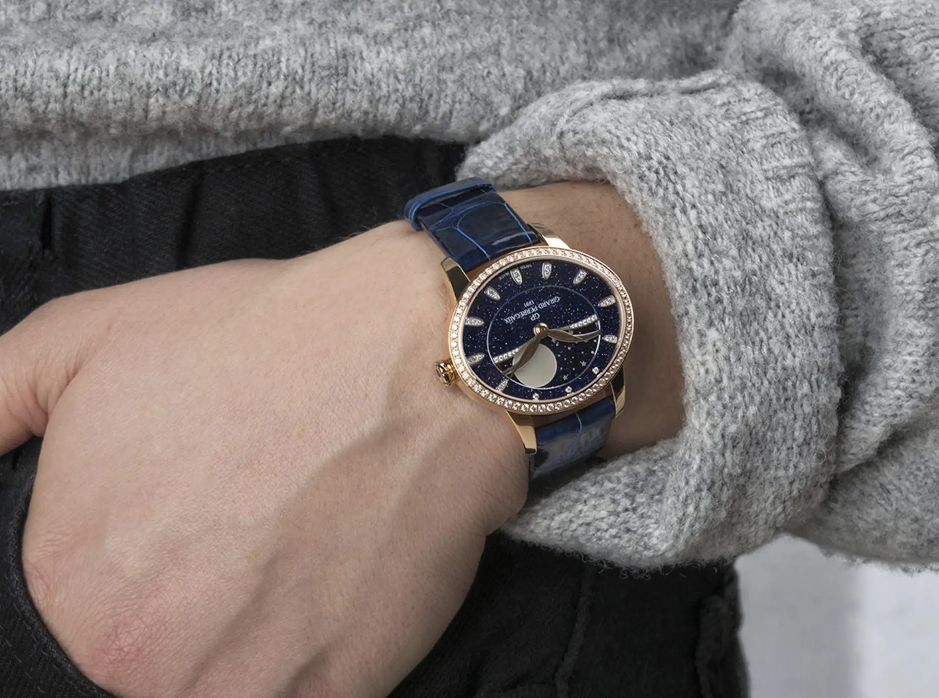 Girard-Perregaux Cat’s Eye Day/Night watch in 18K rose gold and diamond with aventurine dial and navy alligator strap 