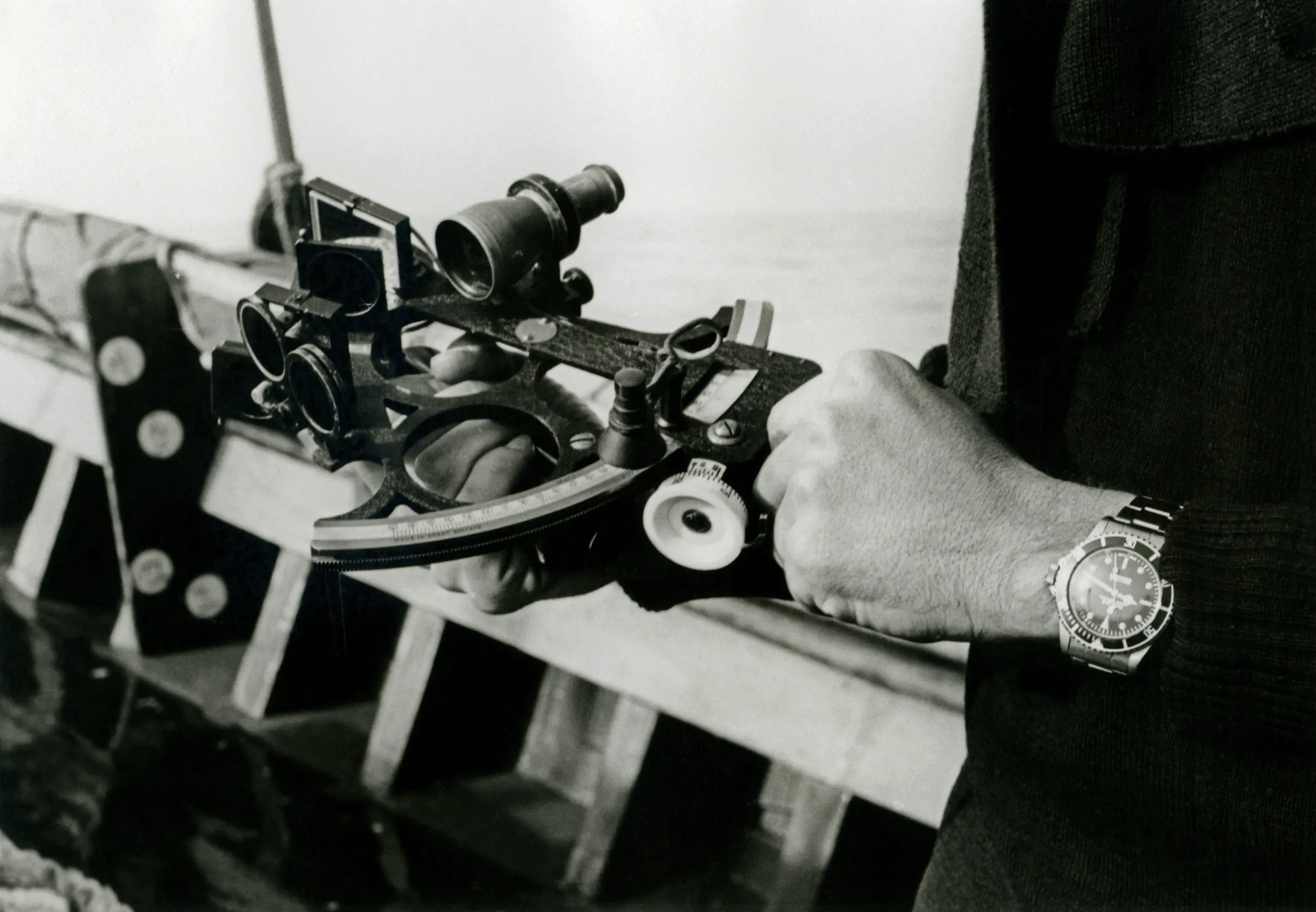 With a sextant and a wristwatch chronometer – here, a Rolex Submariner – navigators can calculate longitude at sea.