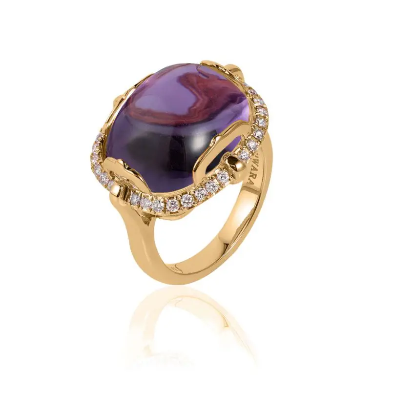 18K yellow gold Rock-N-Roll amethyst and diamond ring with cushion cabochon cut amethyst, $3,800.00.

